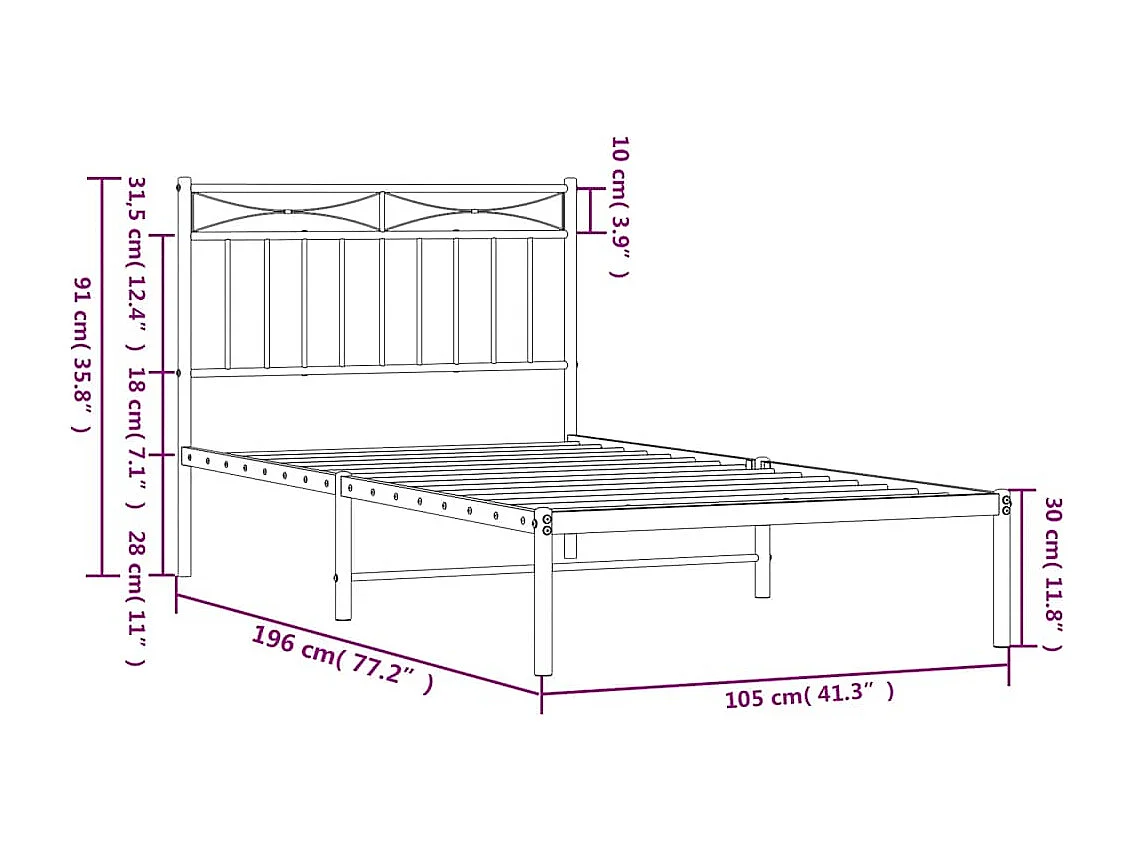 Lit simple | Lit adulte, enfant | Cadre de lit métal avec tête de lit noir 100x190cm