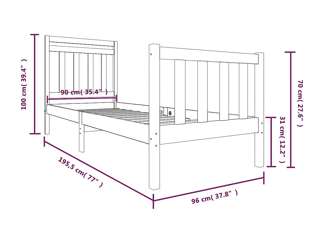 Lit simple | Lit adulte, enfant | Cadre de lit blanc bois massif 90x190 cm