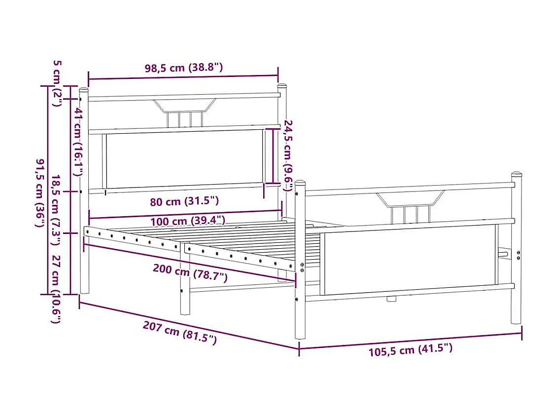 Letto per adulti | Letto singolo | Giroletto senza Materasso Rovere Fumo 90x200 cm in Truciolato