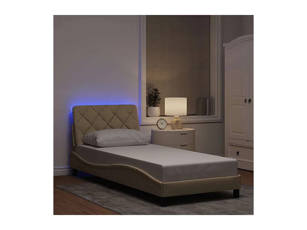 Letto per adulti | Letto singolo | Giroletto con LED senza Materasso Crema 90x200 cm in Tessuto