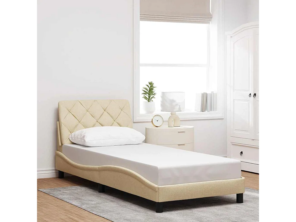 Bedframe | Eenpersoonsbed met LED zonder matras 90x200 cm stof crmekleurig