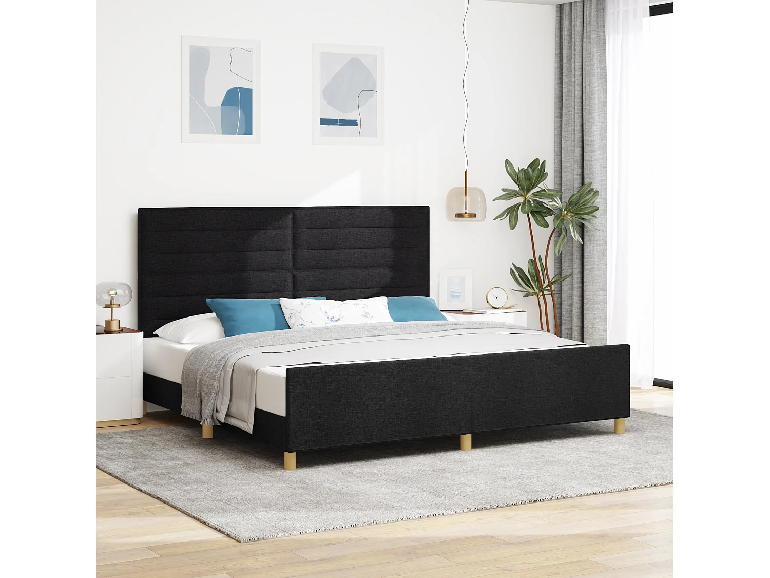 Lit double | Lit adulte | Cadre de lit avec tête de lit Noir 200x200 cm tissu