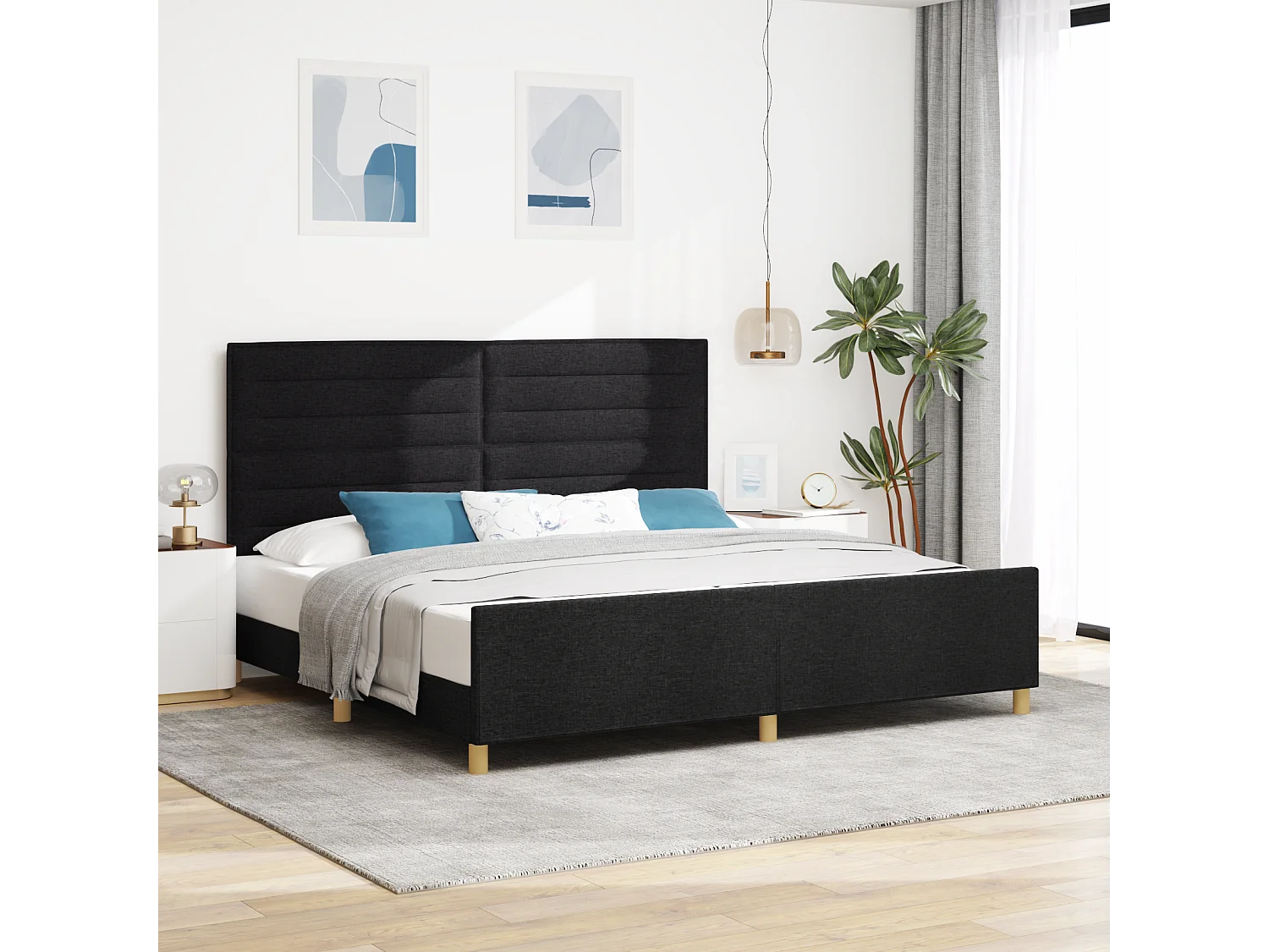 Lit double | Lit adulte | Cadre de lit avec tête de lit Noir 200x200 cm tissu