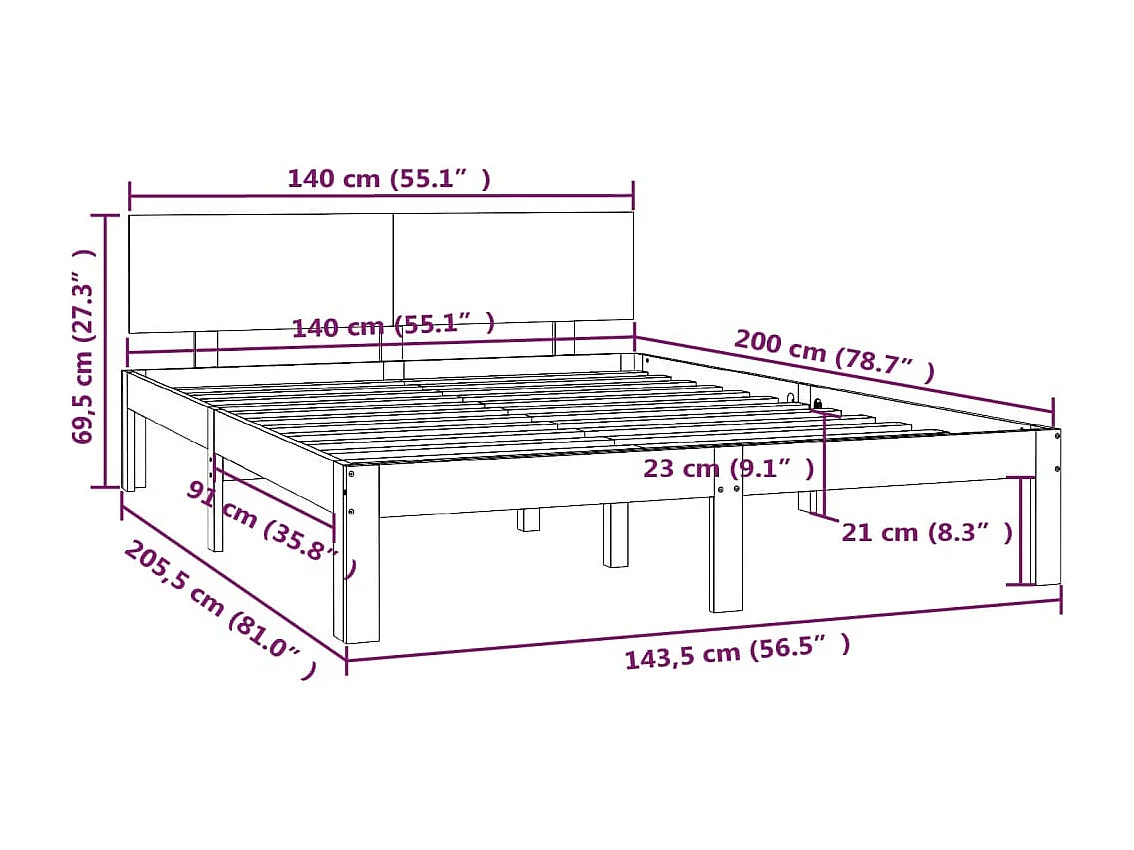Lit double | Lit adulte | Cadre de lit blanc bois de pin massif 140x200 cm