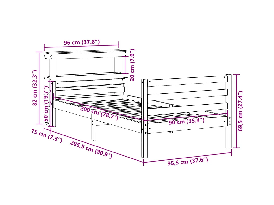 Letto per adulti | Letto singolo | Giroletto con Testiera 90x200 cm in Legno Massello di Pino