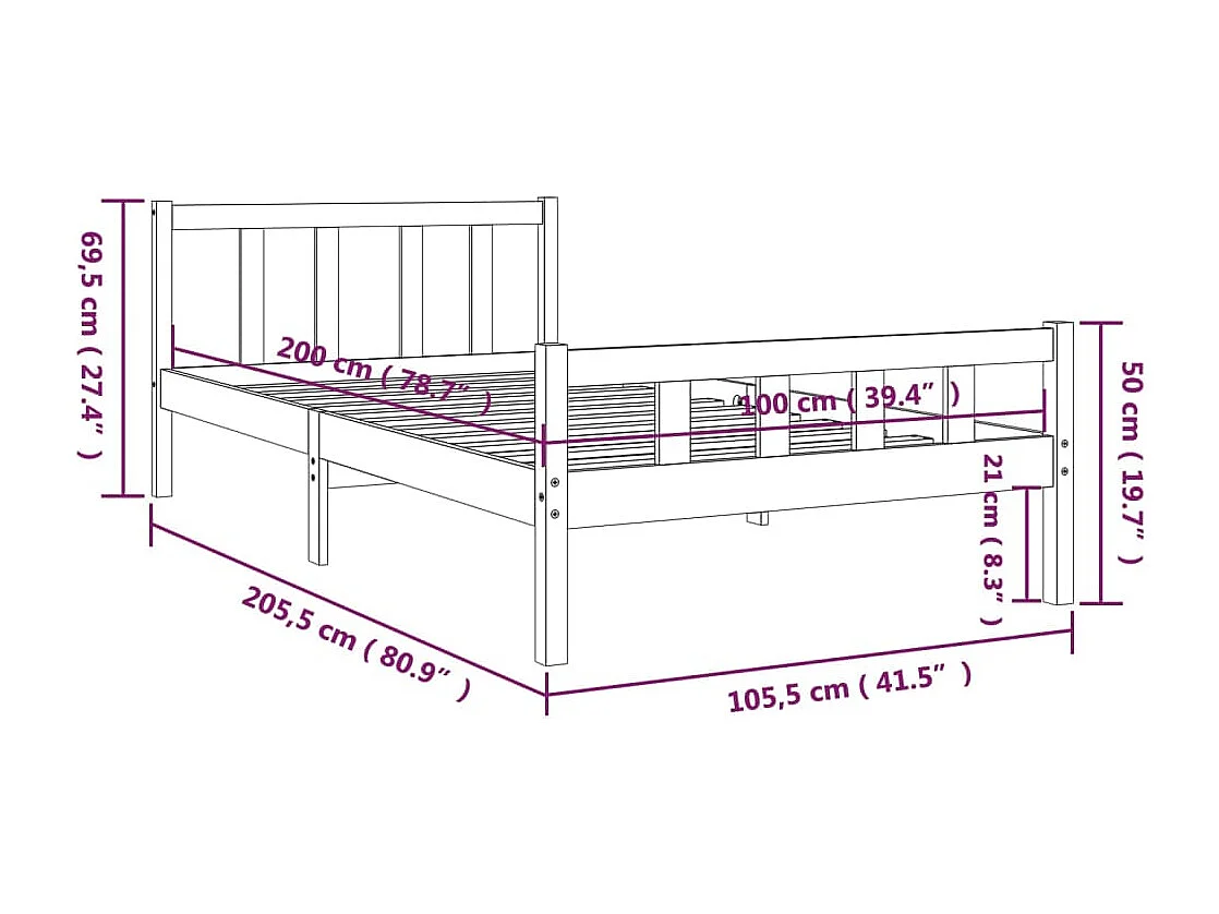Lit simple | Lit adulte, enfant | Cadre de lit gris bois massif 100x200 cm