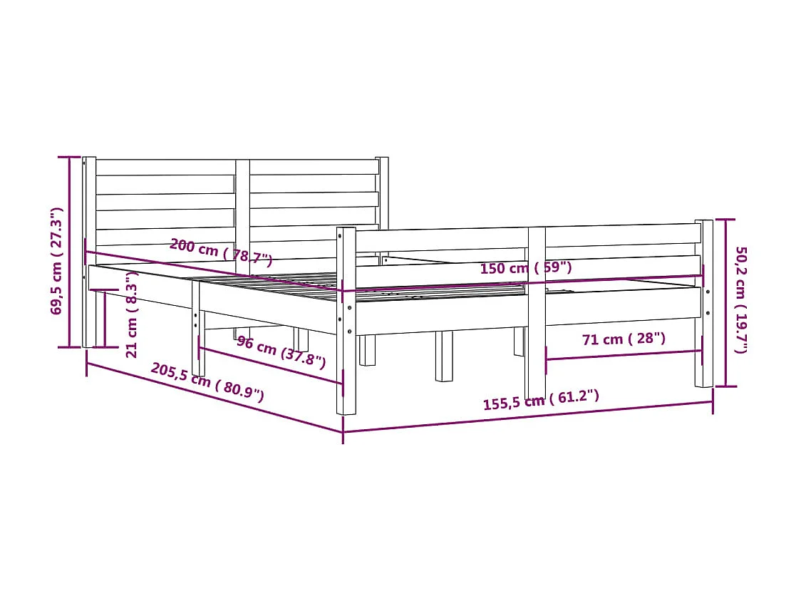 Lit double | Lit adulte | Cadre de lit blanc bois massif 150x200 cm