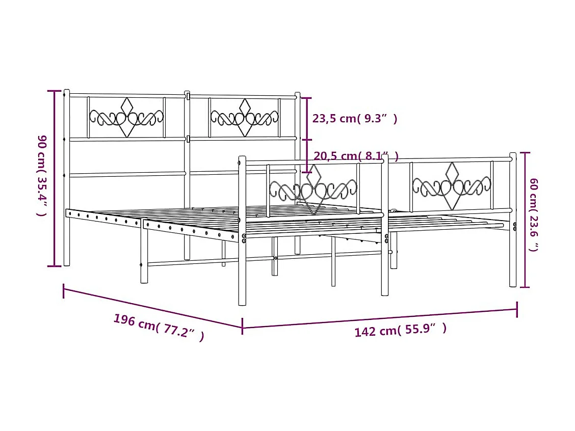 Lit double | Lit adulte | Cadre de lit métal avec pied de lit noir 135x190cm