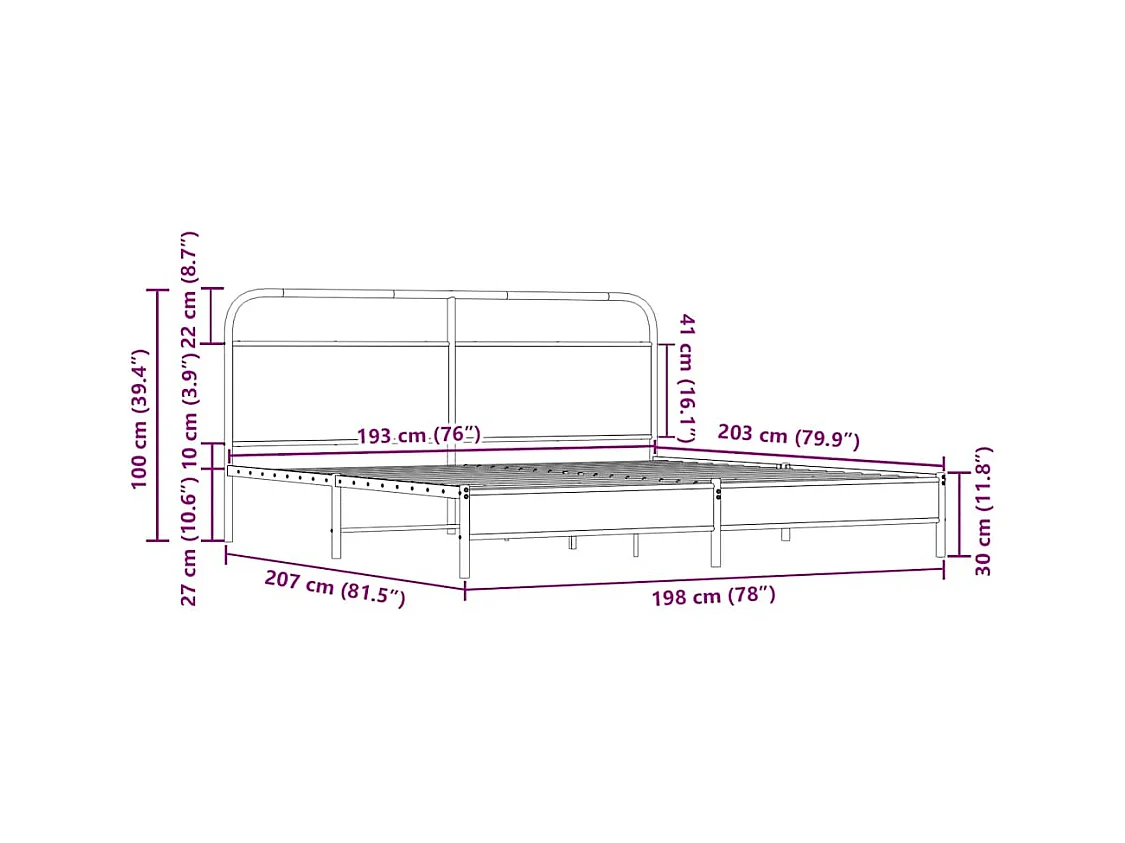 Letto per adulti | Letto matrimoniale | Giroletto senza Materaso in Metallo Rovere Sonoma 193x203 cm