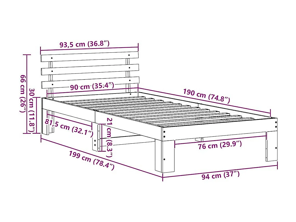 Letto singolo | Giroletto | Struttura del letto Marrone cerato 90x190 cm Pino massello