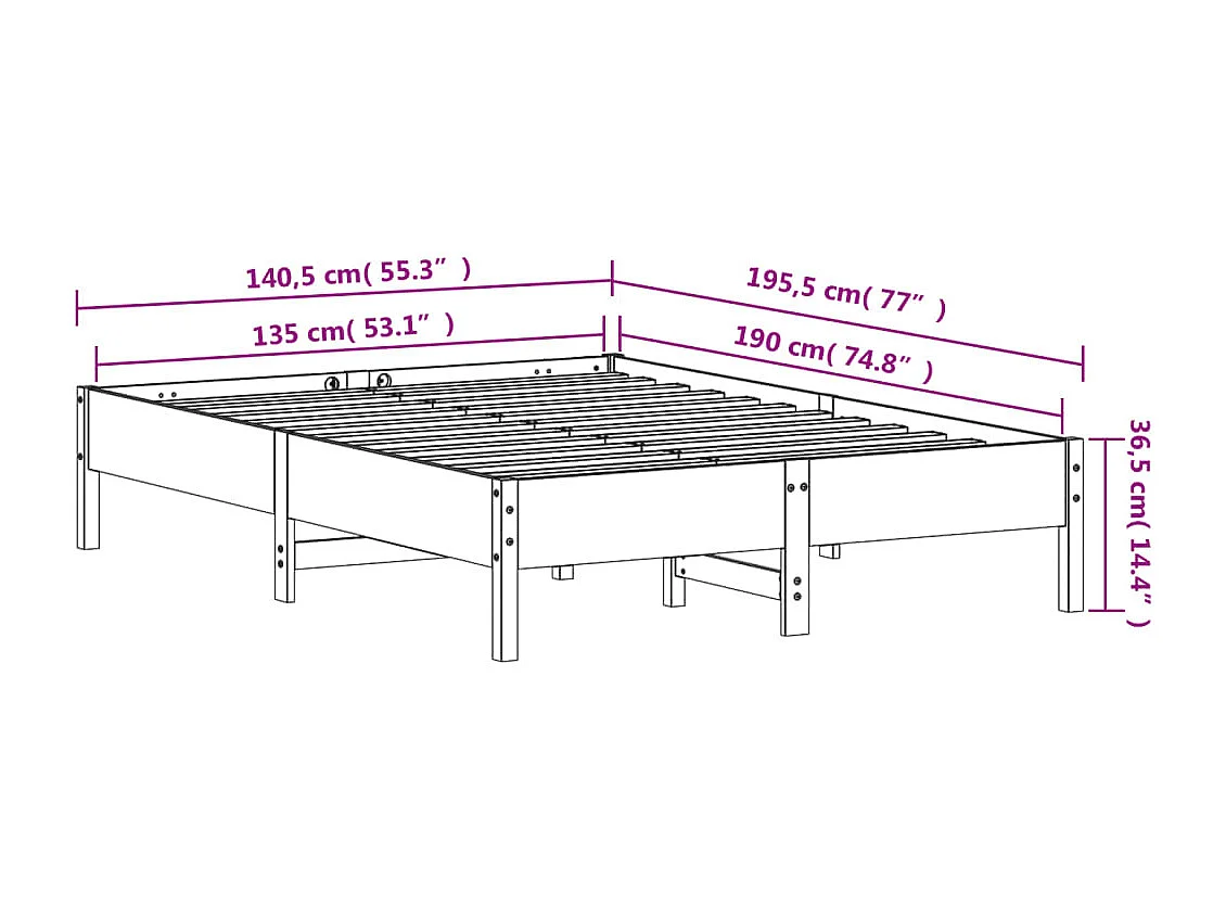 Lit double | Lit adulte | Cadre de lit blanc 135x190 cm bois de pin massif