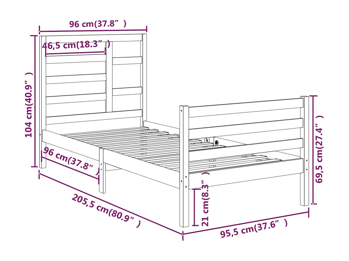 Lit simple | Lit adulte, enfant | Cadre de lit blanc bois massif 90x200 cm