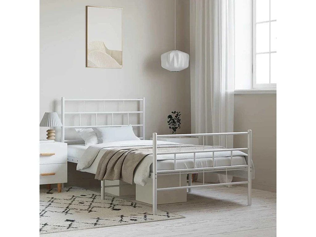 Lit simple | Lit adulte, enfant | Cadre de lit métal et pied de lit blanc 100x190 cm
