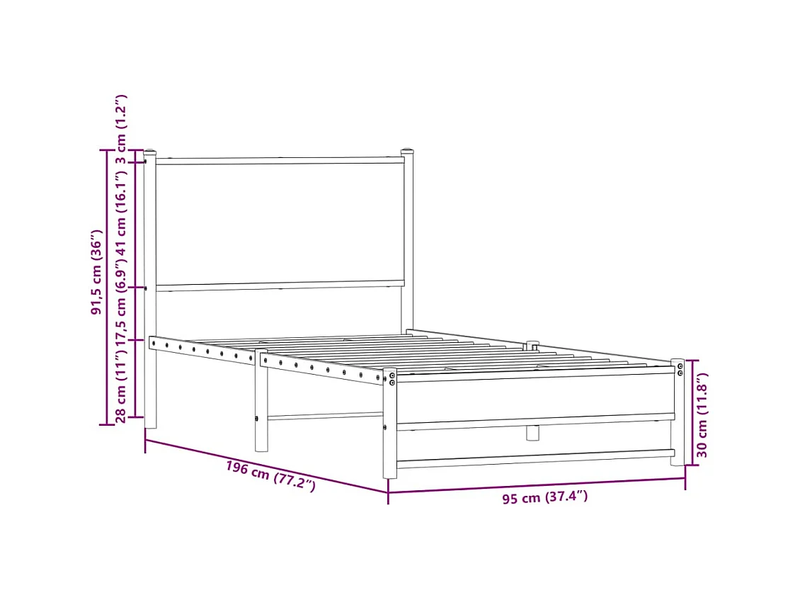 Letto per adulti | Letto singolo | Giroletto senza Materasso in Metallo Rovere Marrone 90x190 cm