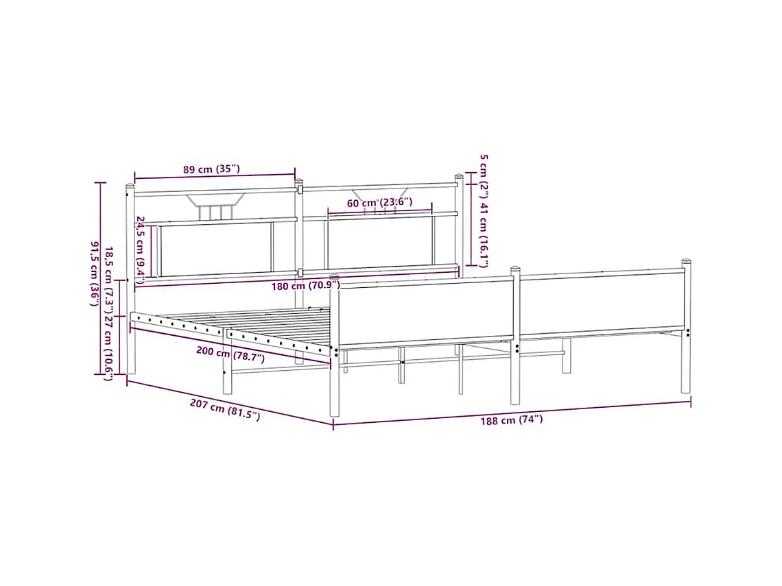 Letto per adulti | Letto matrimoniale | Giroletto senza Materaso in Metallo Rovere Marrone 180x200 cm