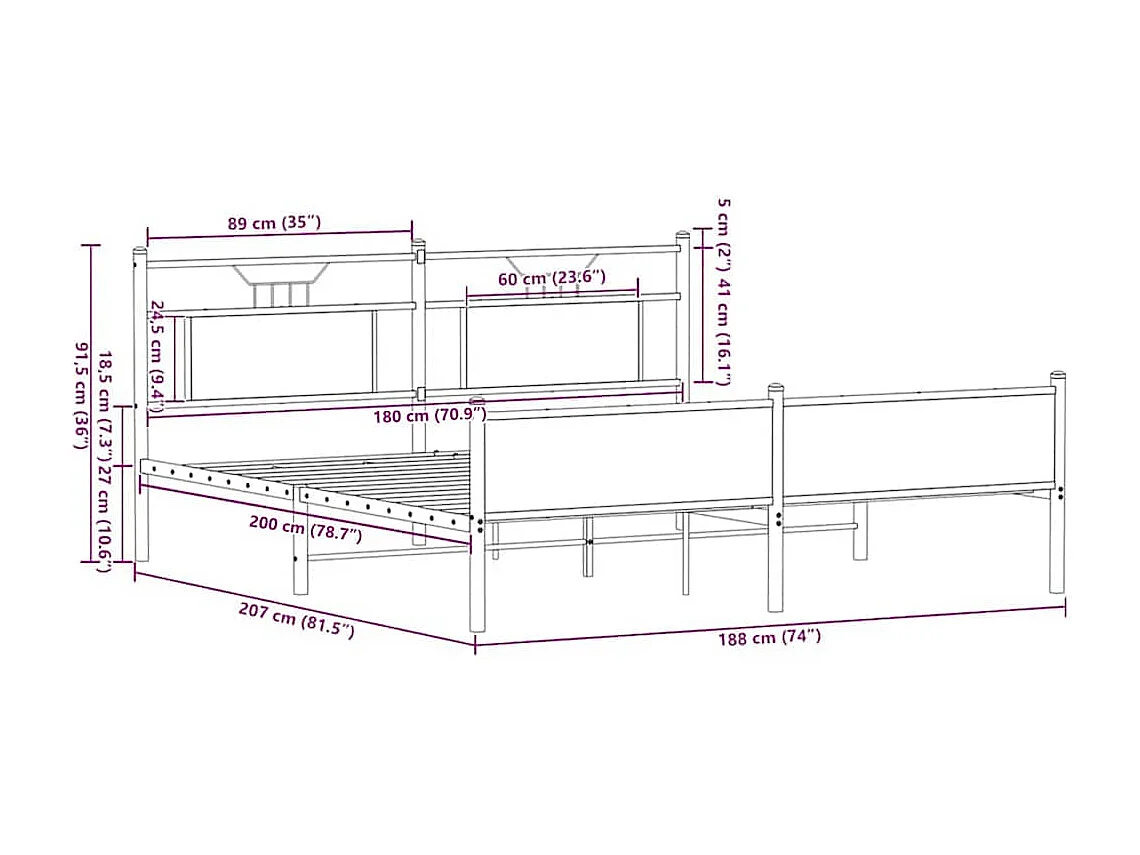 Lit double | Lit adulte | Cadre de lit en métal chêne marron 180x200 cm