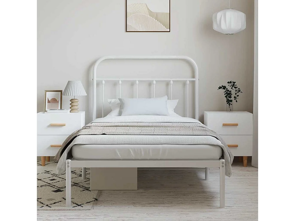 Lit simple | Lit adulte, enfant | Cadre de lit métal et tête de lit blanc 100x190 cm