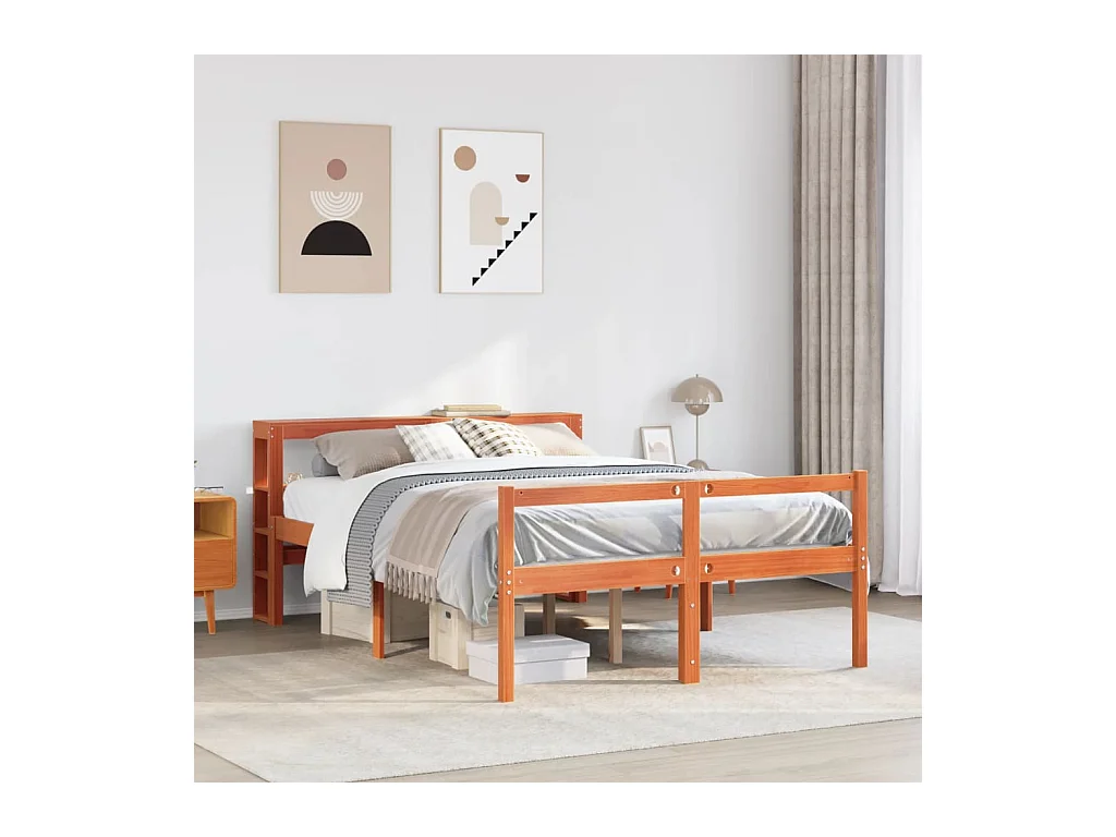 Letto per adulti | Letto matrimoniale | Giroletto con Testiera Marrone Cera 135x190 cm Massello Pino