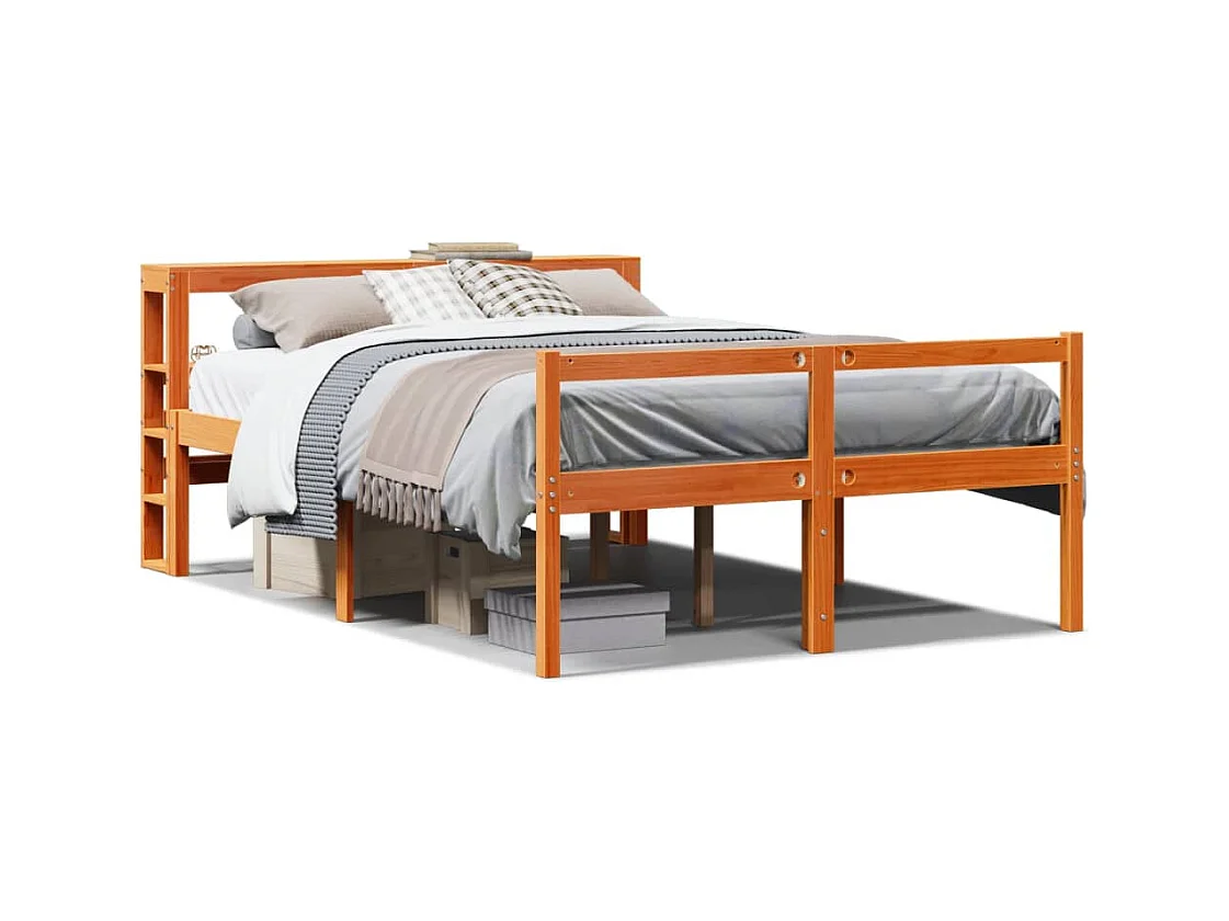 Letto per adulti | Letto matrimoniale | Giroletto con Testiera Marrone Cera 135x190 cm Massello Pino