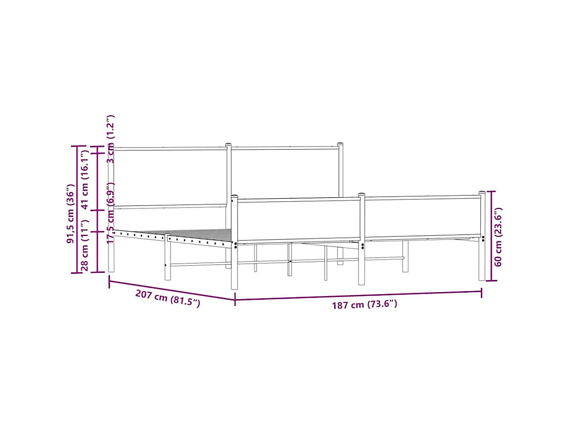 Letto per adulti | Letto matrimoniale | Giroletto senza Materaso in Metallo Rovere Fumo 180x200 cm