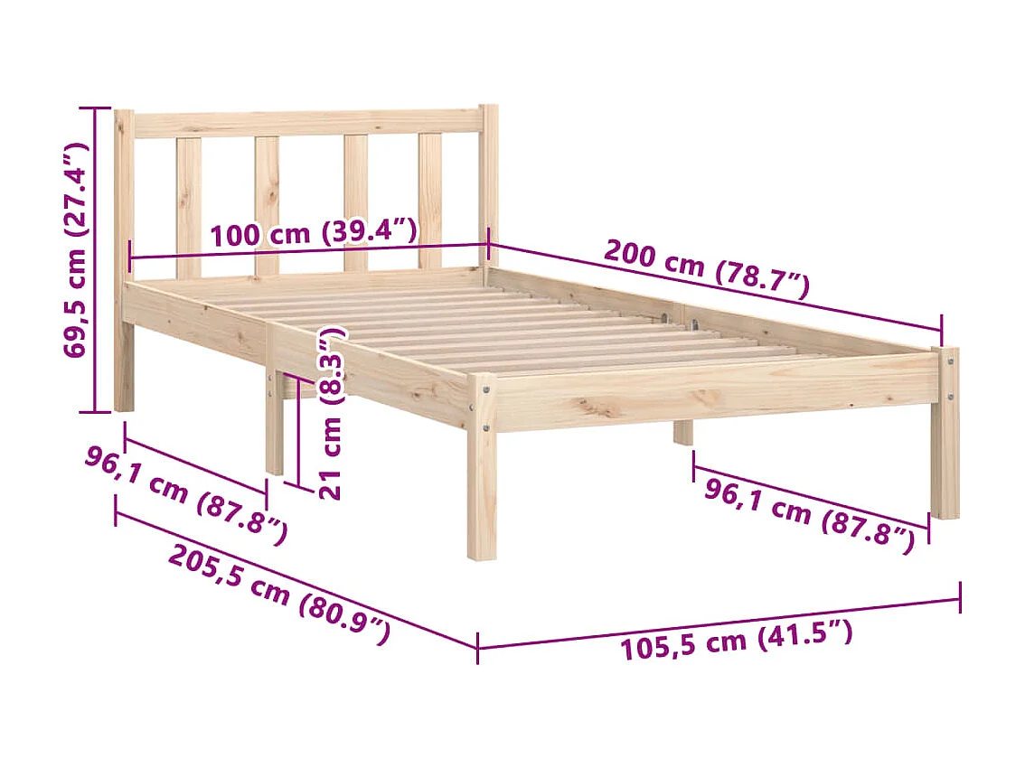 Lit simple | Lit adulte, enfant | Cadre de lit bois massif 100x200 cm