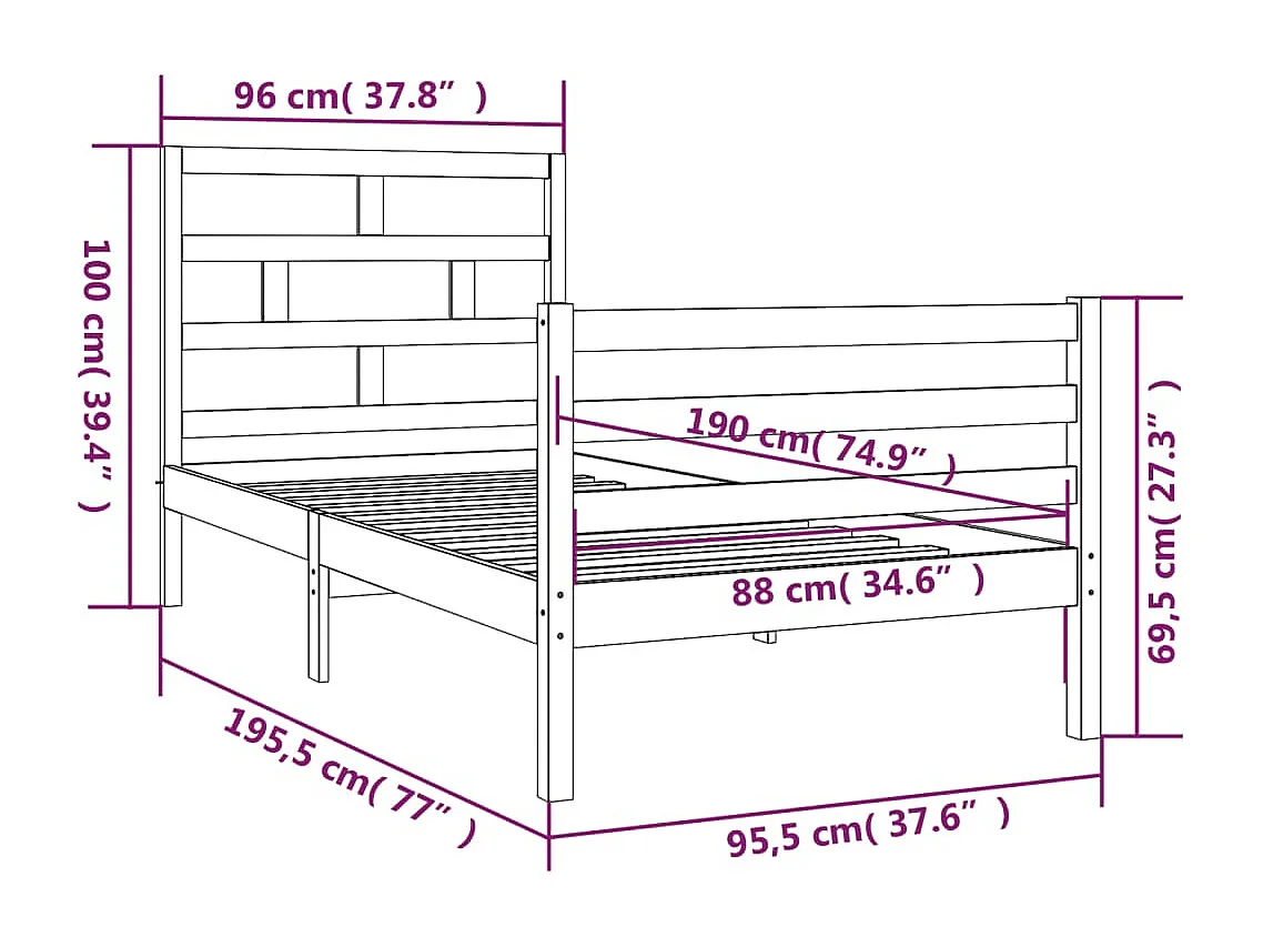 Lit simple | Lit adulte, enfant | Cadre de lit blanc 90x190 cm bois massif
