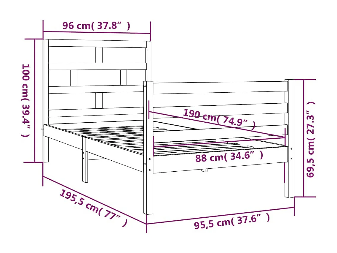 Lit simple | Lit adulte, enfant | Cadre de lit blanc 90x190 cm bois massif