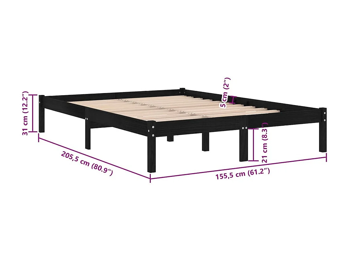 Lit double | Lit adulte | Cadre de lit noir bois massif 150x200 cm