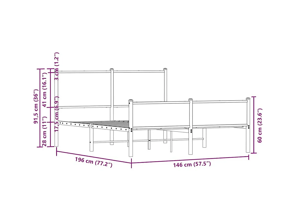 Letto per adulti | Letto matrimoniale | Giroletto senza Materaso in Metallo Rovere Sonoma 140x190 cm