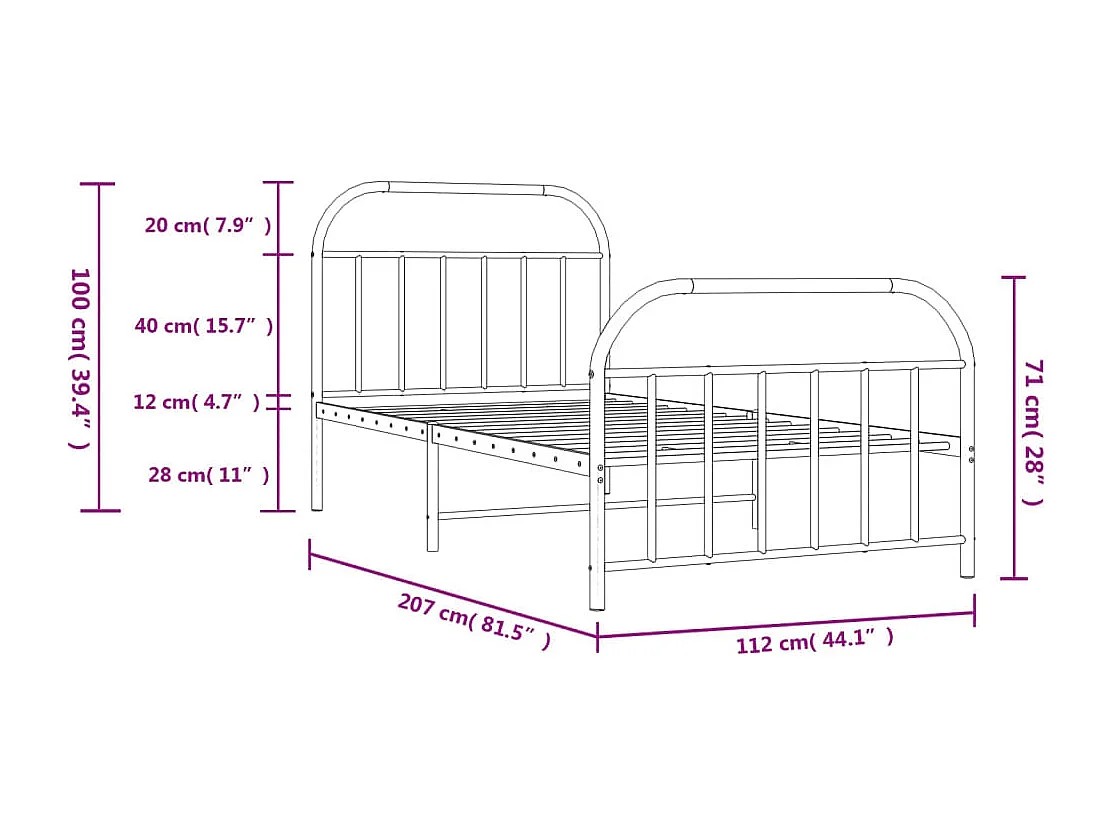 Lit simple | Lit adulte, enfant | Cadre de lit métal avec pied de lit noir 107x203cm
