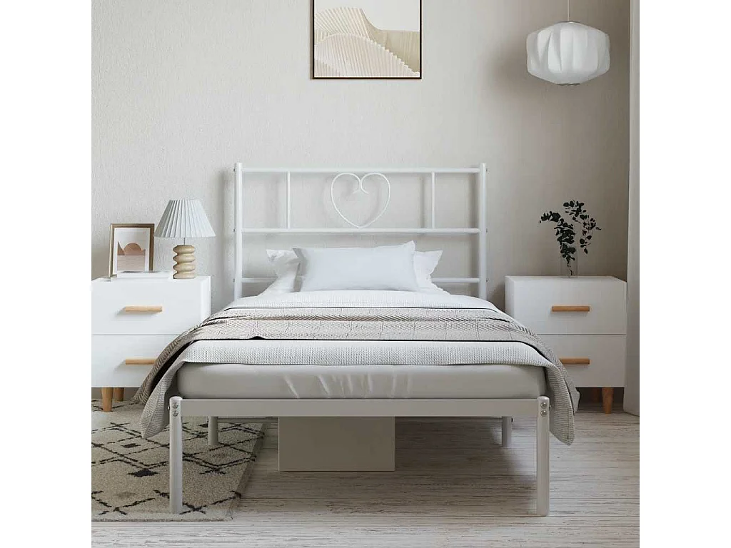 Lit simple | Lit adulte, enfant | Cadre de lit métal et tête de lit blanc 100x190 cm