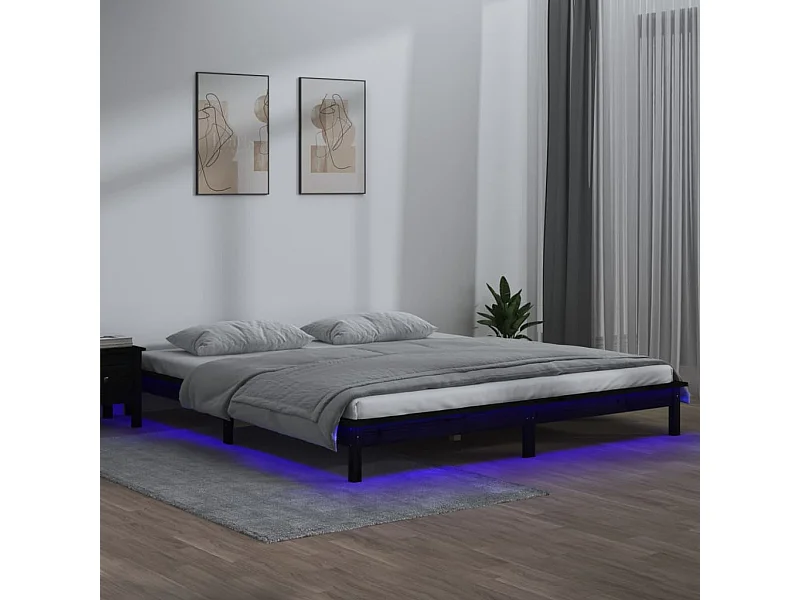 Lit simple | Lit adulte, enfant | Cadre de lit à LED noir 120x190 cm bois massif