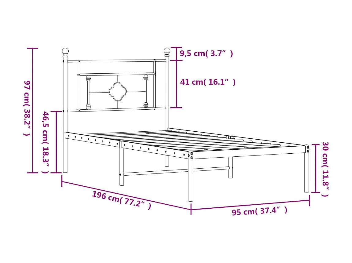 Lit simple | Lit adulte, enfant | Cadre de lit métal avec tête de lit noir 90x190 cm