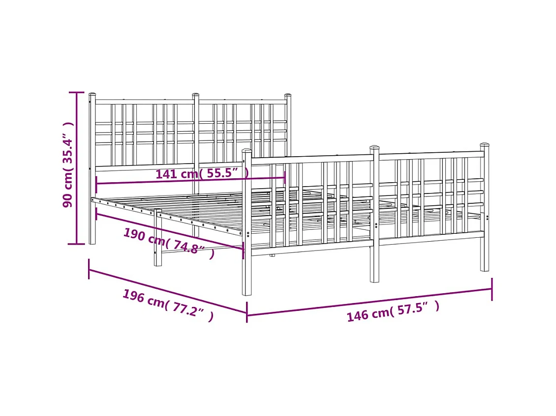 Lit double | Lit adulte | Cadre de lit métal avec pied de lit noir 140x190cm