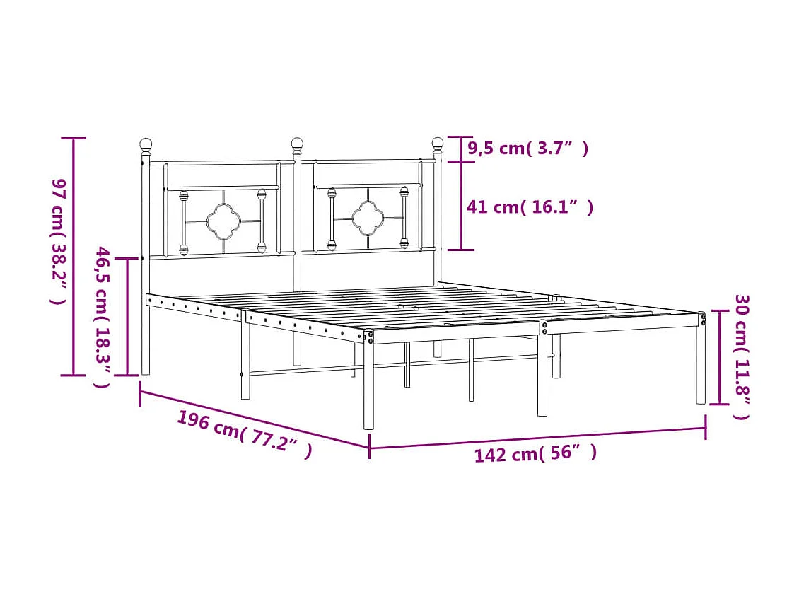 Lit double | Lit adulte | Cadre de lit métal et tête de lit blanc 135x190 cm