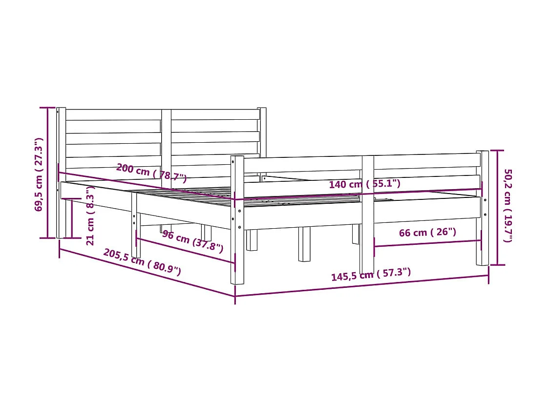 Lit double | Lit adulte | Cadre de lit blanc bois massif 140x200 cm