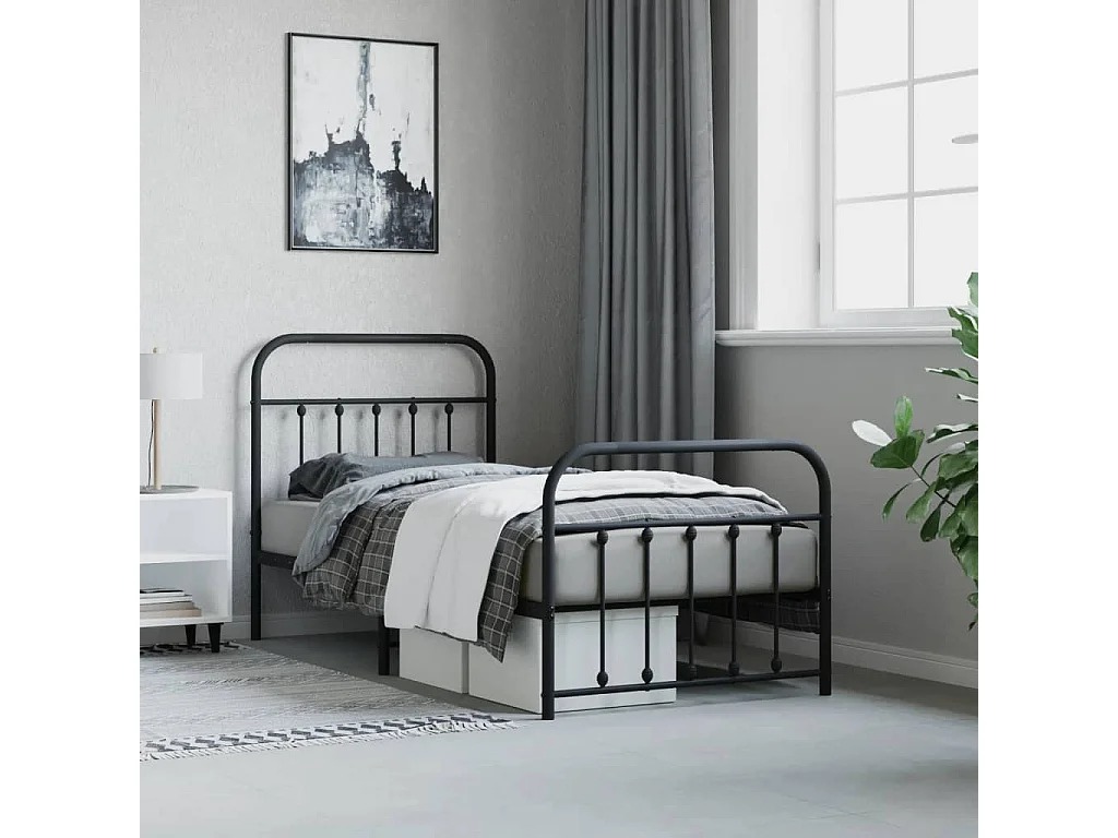 Lit simple | Lit adulte, enfant | Cadre de lit métal avec pied de lit noir 90x190 cm