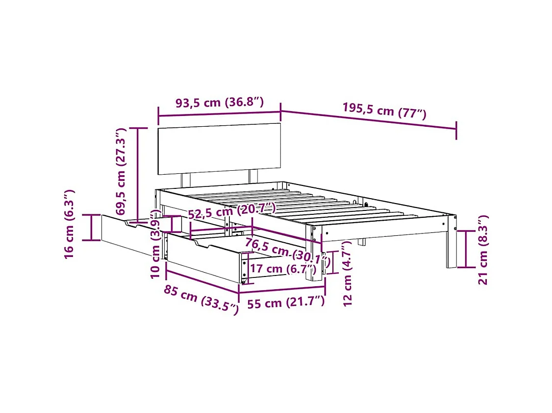 Letto per adulti | Letto singolo | Giroletto con Cassetti 90x190 cm in Legno Massello di Pino