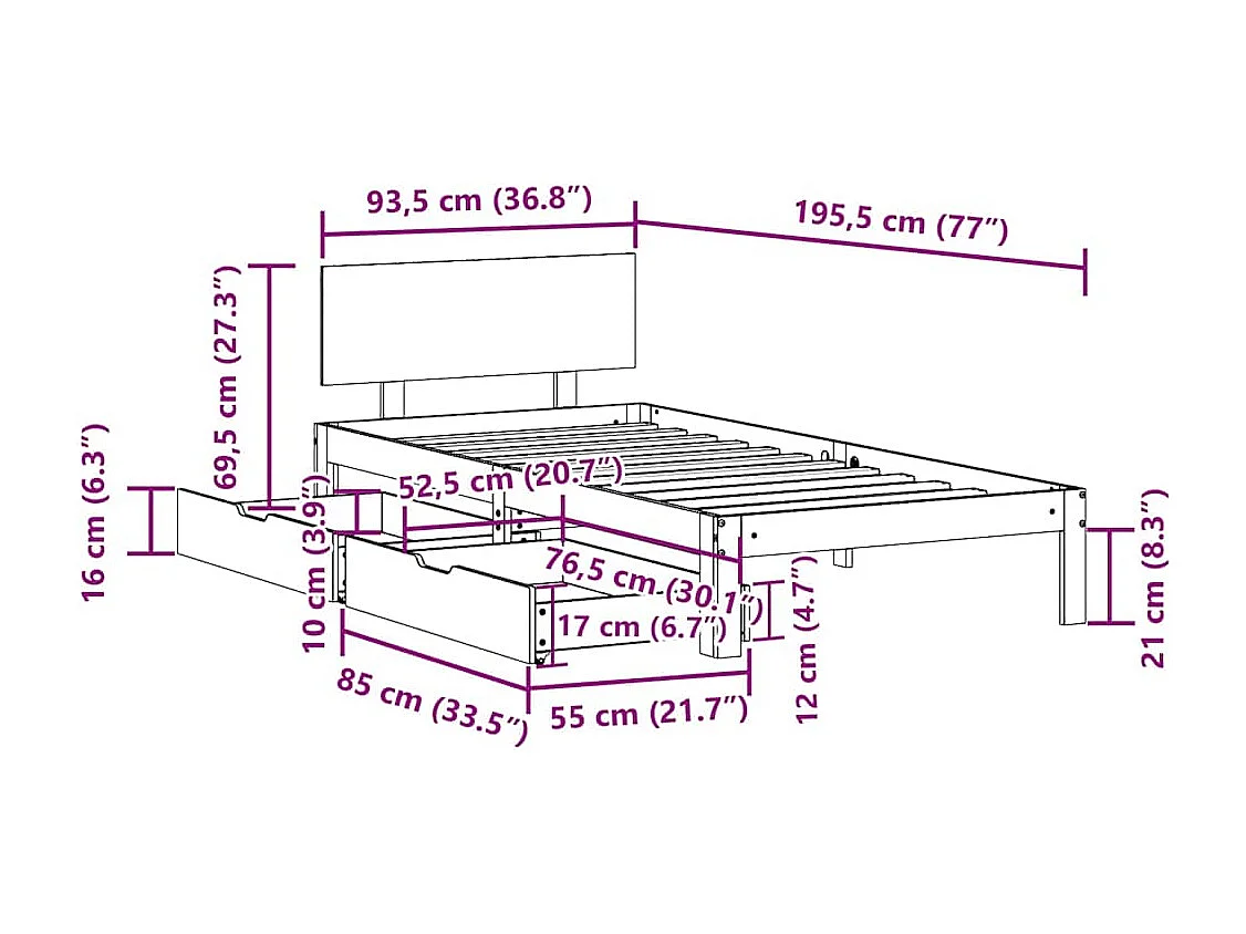 Letto per adulti | Letto singolo | Giroletto con Cassetti 90x190 cm in Legno Massello di Pino