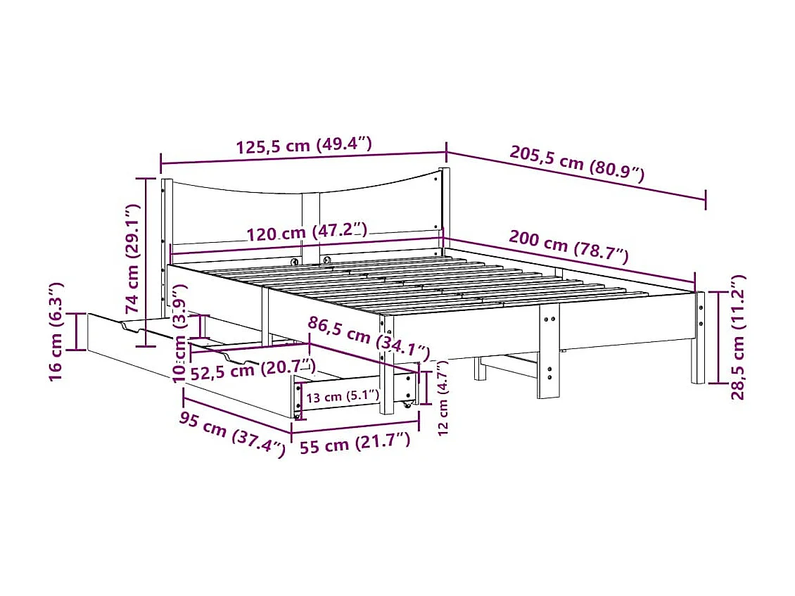 Letto per adulti | Letto singolo | Giroletto con Cassetti Bianco 120x200 cm Legno Massello di Pino
