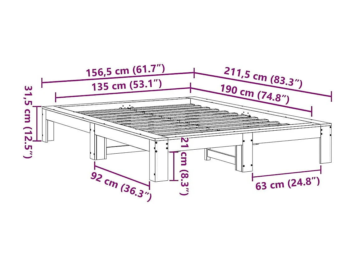 Lit double | Lit adulte | Cadre de lit blanc 135x190 cm bois de pin massif