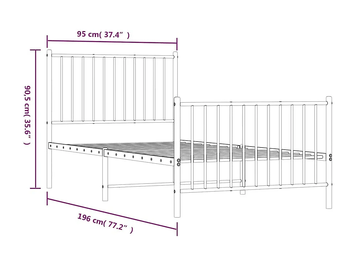 Lit simple | Lit adulte, enfant | Cadre de lit métal avec pied de lit noir 90x190 cm