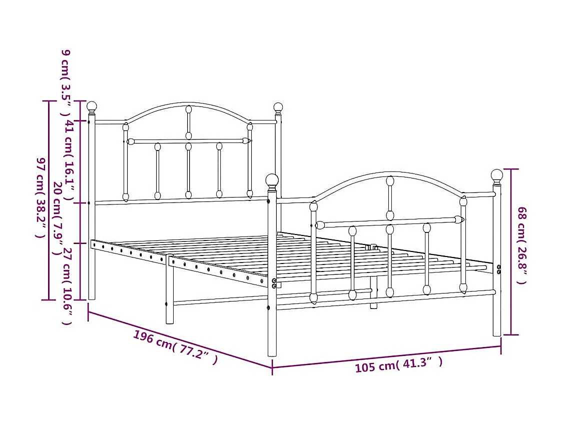 Lit simple | Lit adulte, enfant | Cadre de lit métal et pied de lit blanc 100x190 cm