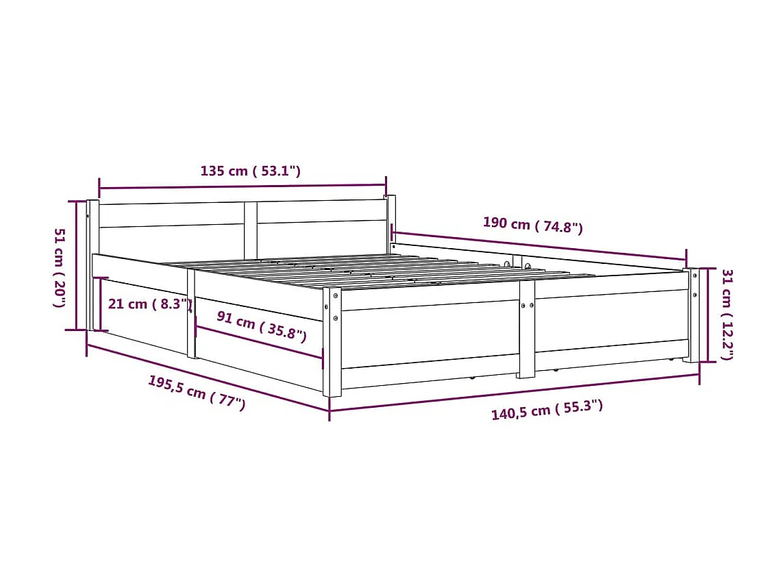 Lit double | Lit adulte | Cadre de lit avec tiroirs blanc 135x190 cm