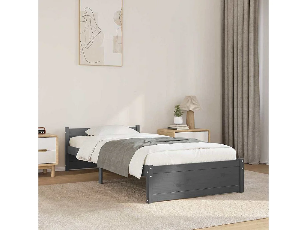 Lit simple | Lit adulte, enfant | Cadre de lit gris bois massif 75x190 cm