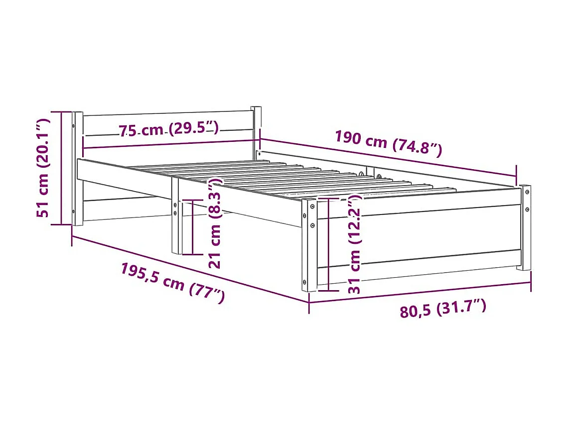 Lit simple | Lit adulte, enfant | Cadre de lit gris bois massif 75x190 cm