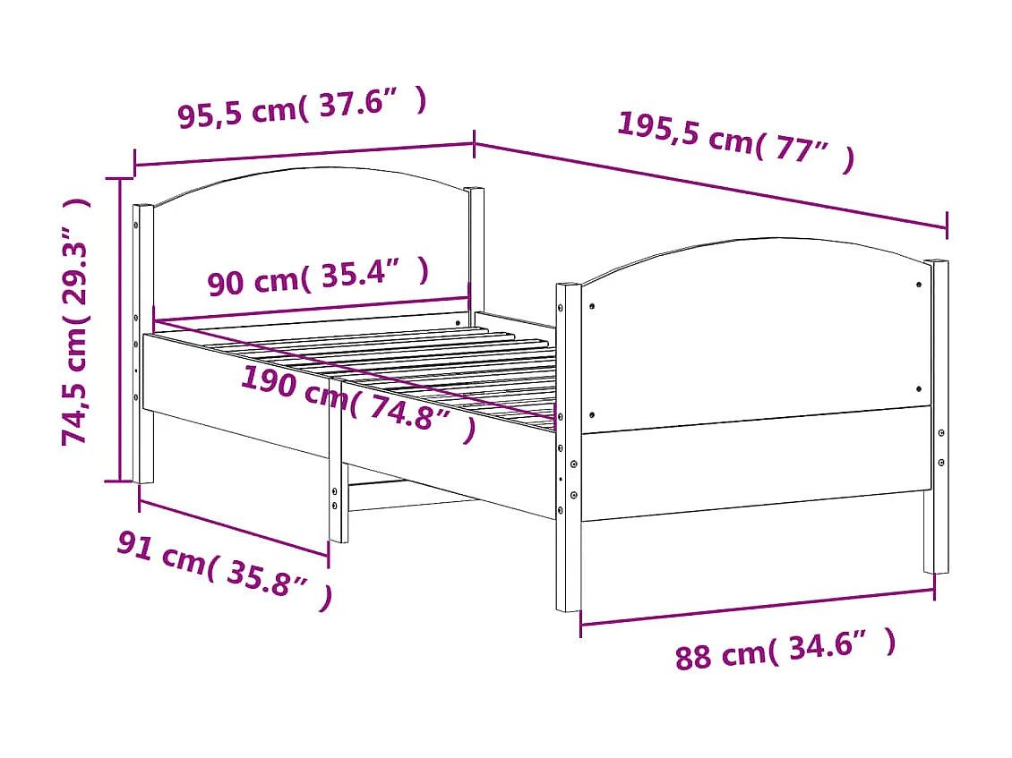 Lit simple | Lit adulte, enfant | Cadre de lit blanc 90x190 cm bois de pin massif