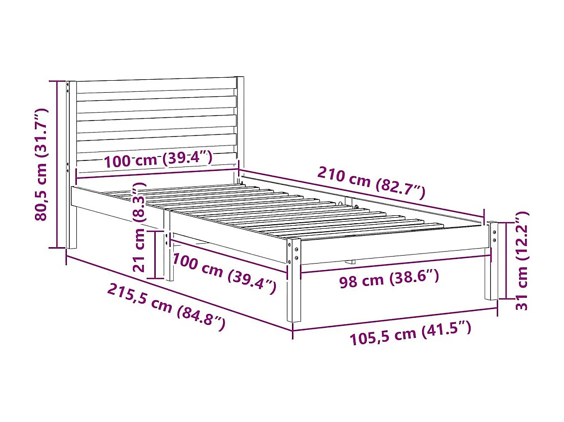 Lit simple | Lit adulte, enfant | Cadre de lit Blanc 100x210 cm Bois massif en pin