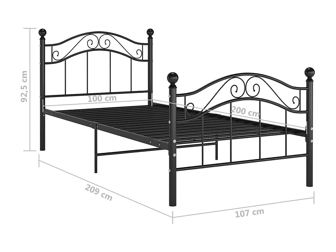 Lit simple | Lit adulte, enfant | Cadre de lit noir métal 100x200 cm