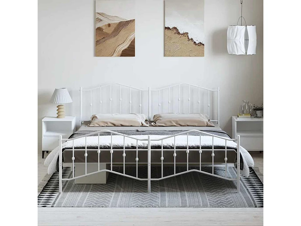 Lit double | Lit adulte | Cadre de lit métal et pied de lit blanc 193x203 cm